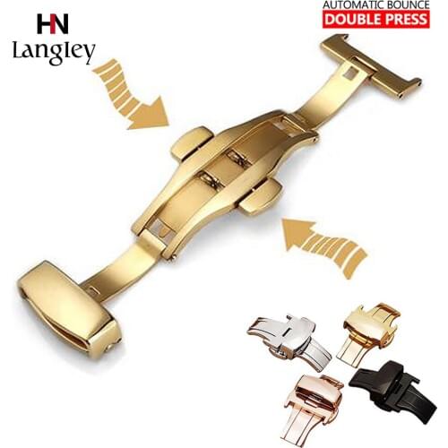 Stainless Steel Butterfly Buckle For Wristwatch Leather Strap Rose Gold Double Press Buckle 10 12 14 16 18 20 22 24mm