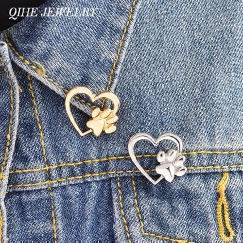 QIHE JEWELRY Pet print with love pins brooches lapel pins badges Bag hat accessories Dog paw Cat paw pet jewelry