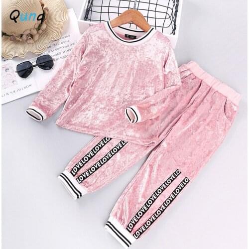 Qunq Girls Clothing Set Fall Spring Kids Sportswear for 2 3 4 5 6 7 Year Girl Long Sleeve Shirt Letter Pant Velvet Children Suit