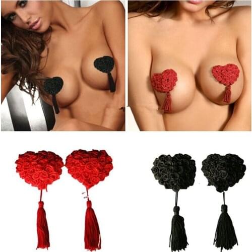 Heart-shaped Tassel self-adhesive nipple cover with RED SMALL ROSE/ Sexy rose breast petals