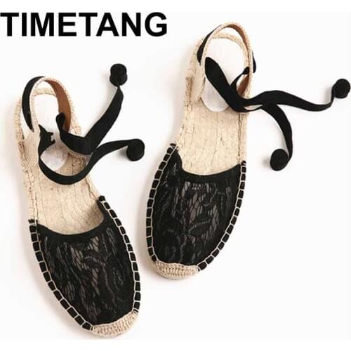 TIMETANGINS 2021 Ankle Strappy Espadrilles Women Summer Cool Mesh Lace Shoes Woman Hemp Sole Lace-up Flats Women Sandals E254