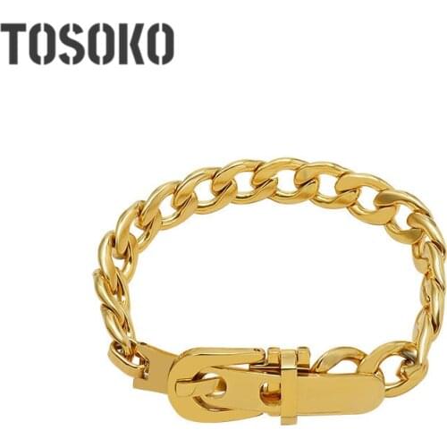 TOSOKO Stainless Steel Jewelry Thick Link Chain Press Button Watch Strap Buckle Bracelet Women Cool Hand Accessories BSE199