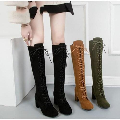 HOT Plus Size 42 43 High Heels Women Boots High Boots Over Knee Woman Winter Sexy Front Lace-up Ladies Green Autumn Boots