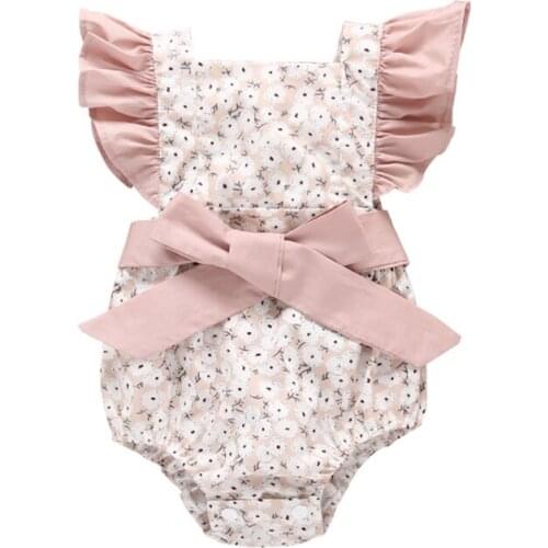 Sweet Newborn Baby Girl Romper flower Print Romper Ruffle Fly Sleeve Bows Jumpsuit Outfits Triangle Clothes