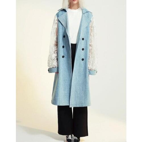 2021 Autumn Women Trench Coat Lace Long Sleeve Spliced Double Breasted Coat Lace Up Slim Long Demin Blue Overcoat