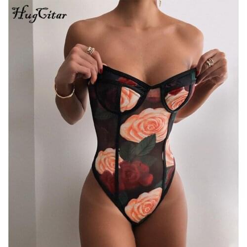 Hugcitar 2020 Sleeveless Backless Floral Print Bodycon Bodysuit Autumn Winter Women Fashion Sexy Party Club Clothings