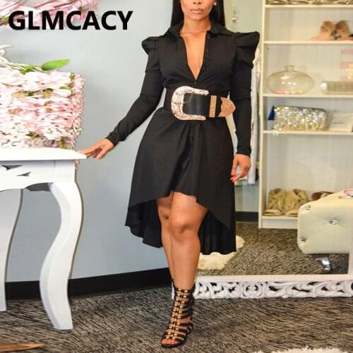 Women Puff Sleeve Button Down Shirt Dress Classy OL Work Dresses