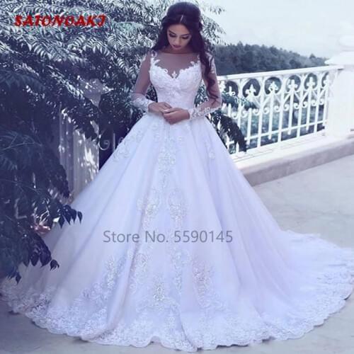 Vintage Long Sleeves Wedding Dress 2020 Sheer Neckline Appliques Lace Bridal Gown Sweep Train Vestido De Novia Mariage Undefined
