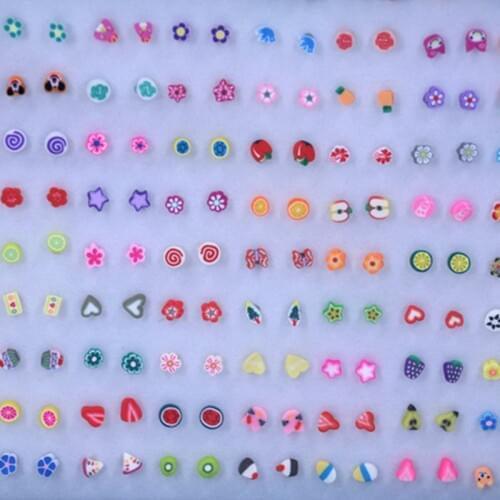 100 100 Pair/pack Mini Small Plastic Needle Earrings Women Girls Earring Jewelry Handmade Soft Ceramic Sliced Fruit Shape Ear