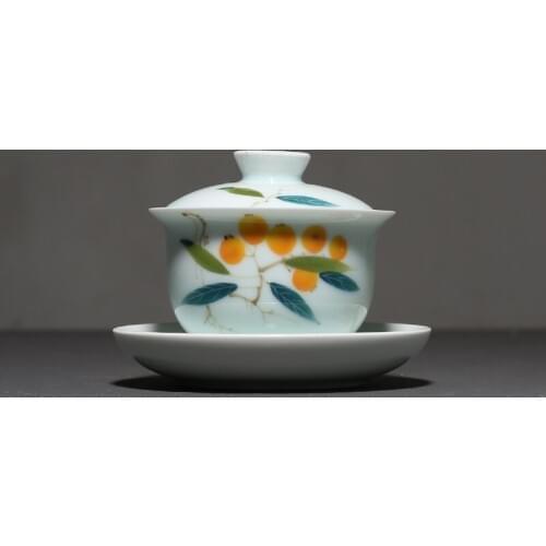 130ml Hand Painted Loquat Pattern Gaiwan Ceramic Celadon Kung Fu Tea Bowl Teacup Teapots Tea Tureen Drinkware Teaware Home Decor