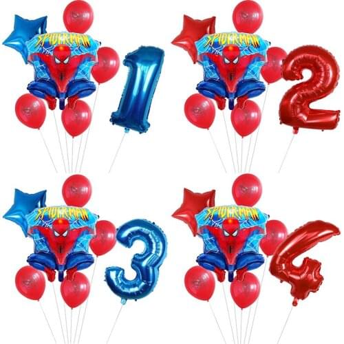 7pcs/set Superhero Spider Cartoon Man Foil Balloons Set Red Blue 30inch Number Globos Happy Birthday Party Decorations Kids Toys