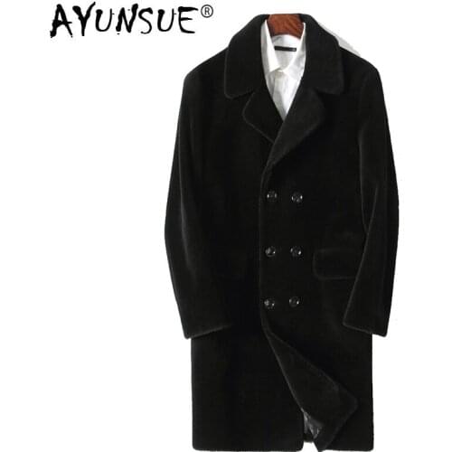 AYUNSUE Mens Real Fur Coat Autumn Winter Jacket Sheep Shearing Double-breasted Long Wool Coat Plus Size 5xl KFS18M204 KJ3801