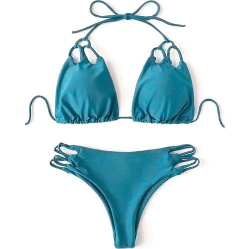 2021 European And American Split Bikini Swimsuit Bandage Bikini Sexy Fashion Bikini Swimsuit Solid Halter Halter Backless Bikini