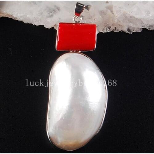 Free Shipping Women Fashion Jewelry 25x58x12mm Beautiful White Mother of pearl Shell Oval Red Coral Pendant Bead C3772