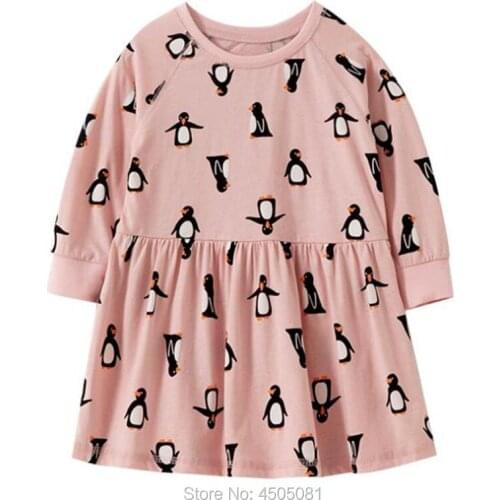 Brand 100% Combed Cotton Kids Dresses For Girls 2020 Long Sleeve Infant One-piece Dress Baby Girl Clothes Children Tops Penguin
