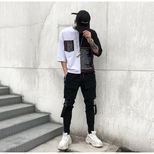 NEW Mens Side Pockets Pencil Pants Hip Hop Patchwork Cargo Ripped Sweatpants Joggers Trousers Male Fashion Pants