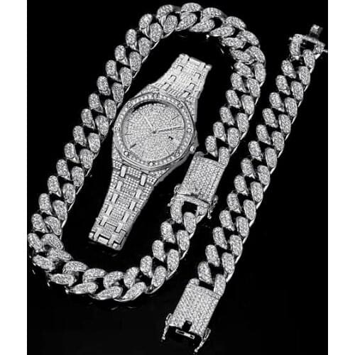 3Pcs Watch+Bracelet+Necklace Hip Hop Miami Cuban Chain Gold Watch Iced Out Paved Rhinestones CZ Bling Rapper Men Jewelry Joyas