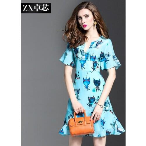 Baby Blue Print Cat Floral Silk Dresses Women Fashion 2021 Summer Long Casual Sexy Office Work Daily Dress Plus Size Slim Fit A