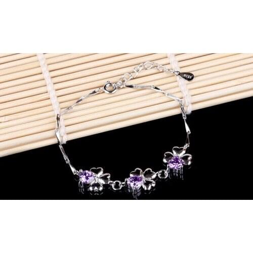 Korean version of the genuine happiness Clover amethyst 925 sterling silver bracelets for women wholesale trade Free Shipping
