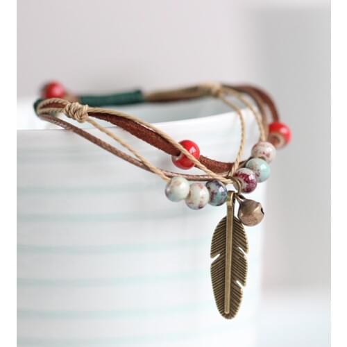 Fashion Ethnic Style High Quality Original Ceramic Bronze Adjustable Handmade Porcelain Beads Rope Bracelets For Women #1454