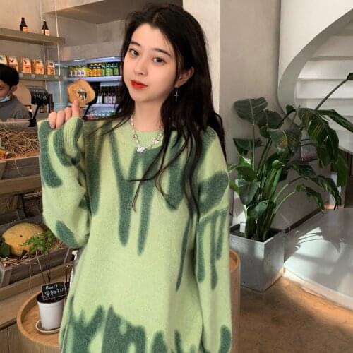 Korean Fashion Casual Print Knitted Sweater Elegant Harajuku Green Striped Oversized Pullovers Aesthetic Streetwear