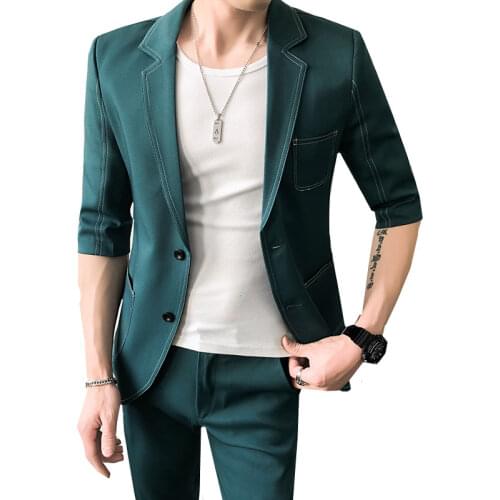 2 Pcs Men Half Sleeve Peaked Lapel Wedding Blazers Trousers Fashion Summer Slim Fit Male Solid Color Casual Suits Jacket Pants