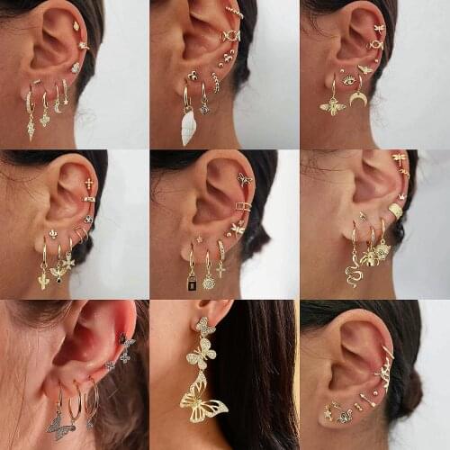 Earring Set Bohemian MIDI Womens Earrings Gold Color Crystal Geometry Star Cross Lock Jewelry Charm Gift for Party Best Friend