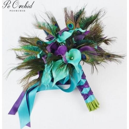PEORCHID Peacock Feathers Wedding Bridal Bouquet Calla Lilies Bridesmaid Flowers Turquoise Purple Artificial Hand Bouquet