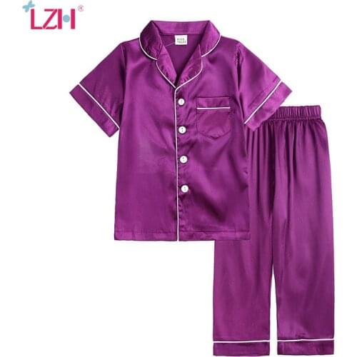 LZH Girls Pajamas Set New Summer Short Sleeve Childrens Sleepwear Set Fake Silk Pajamas Boy Pyjamas Sets for Kids Clothing Gift