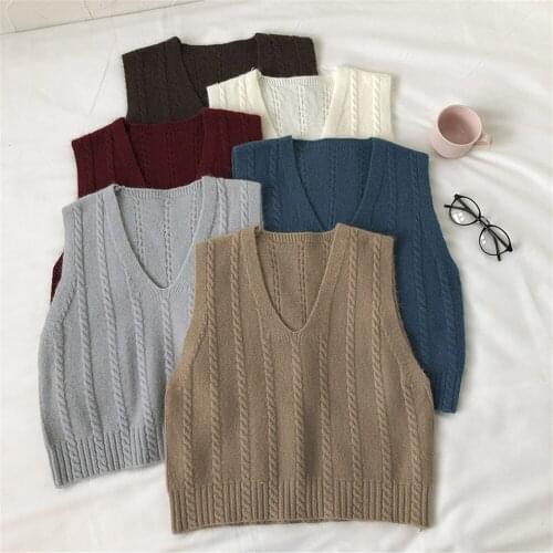 Casual Jumpers Retro V-neck Twist Knitting Streetwear Twist All-match Teens Basic Women Sweater Vest Solid Simple Trendy Loose