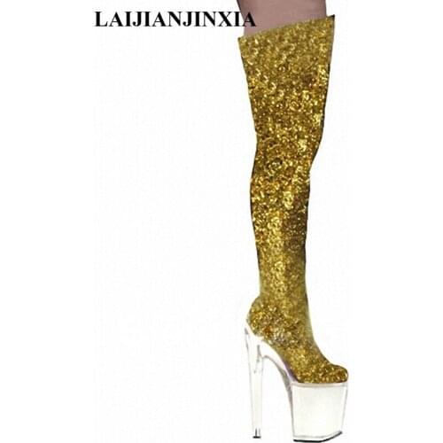20CM Ultra High Heels Boots Barreled Platform Fashion Sequined Cloth 8 Inch Performance Shoes Sexy Thigh High Boots