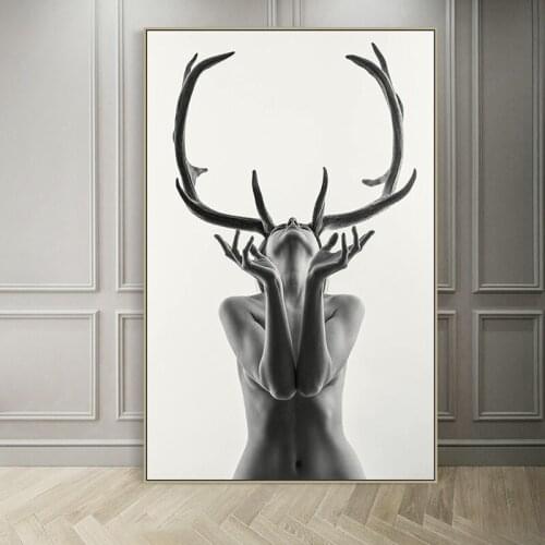 Nordic Simple Black and White Antlers Woman Model Abstract Canvas Painting Art Print Poster Wall Picture for Home Decoration