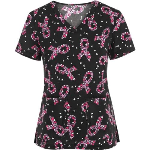 Ribbons and hearts Print Scrub Tops Carers Healthcare Tunic Short Sleeve Nurse Uniform with Pockets medico uniformes mujer A50
