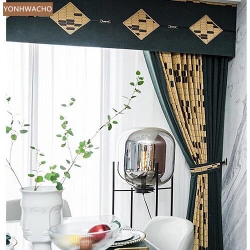 Custom curtain Light luxury modern geometric pattern Chinese living room green cloth blackout curtain valance tulle panel C738