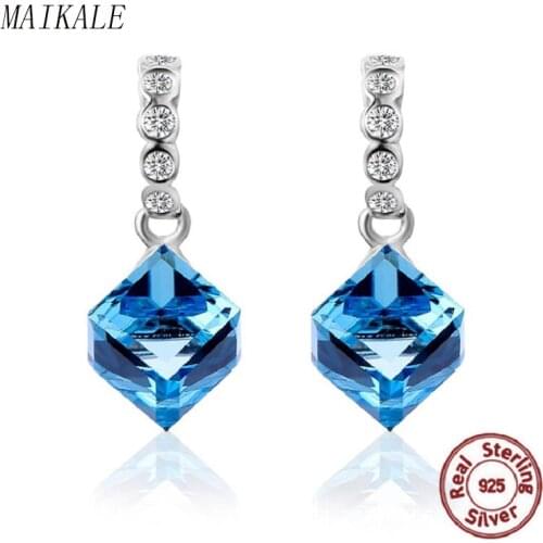 MAIKALE New 925 Sterling Silver Earrings Blue Square Austrian Crystal Stud Earrings for Women Fine Jewelry high quality Gifts