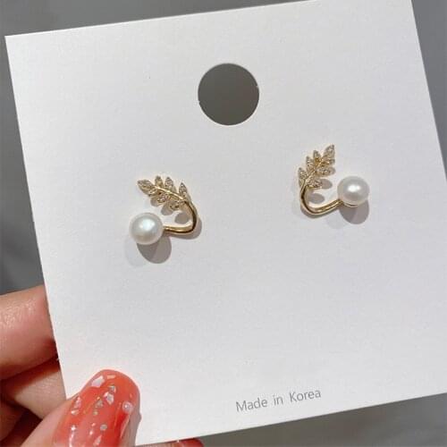 MENGJIQIAO New Cute Elegant Pearl Leaves Stud Earrings For Women Girls Trendy Delicate Zircon Oorbellen Jewelry Gifts