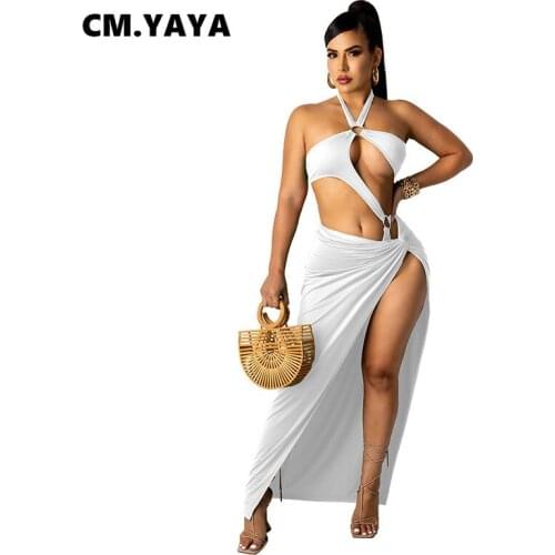 CM.YAYA Women Halter Neck High Side Slit Bodycon Women Midi Maxi Dress Sexy Night Party Clubwear Sleeveless Pencil Long Dresses