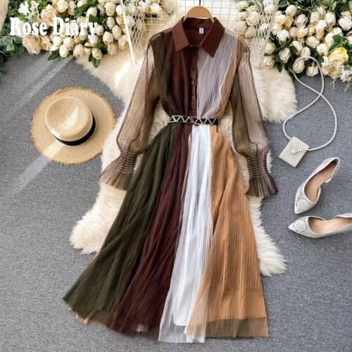 RoseDiary Autumn Fashion Runway Vintage Color block Dress Womens Shirt Collar Loose Belted Elegant Long sleeve Maxi Dress
