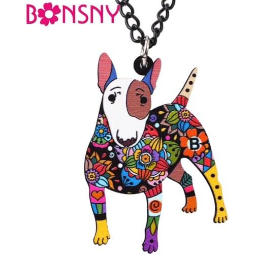 Bonsny Acrylic Bull Terrier Dog Necklace Cartoon Pendant Chain Collar Choker Pendant Animal Fashion Jewelry For Women Girs New