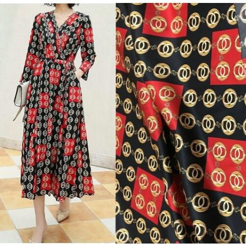 European and American famous geometric chain link printing stretch silk satin fabric heavy silk fabric summer dress scarf tissu