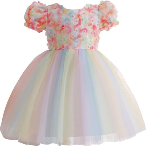 KEAIYOUHUO 2021 New Rainbow Flower Girls Wedding Bow Lace Dress Puff Sleeve Kids Clothes For Girls Newborn Baby Birthday Dresses