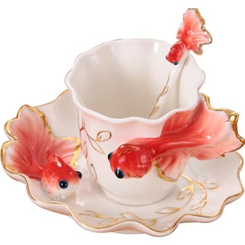 Goldfish Coffee Mugs Sets Bone China Tea Cups with Dish Spoon Creative Coffeeware