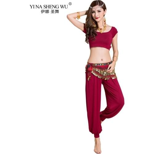 New design Belly dance practice costume short sleeve top ,Pants & Coin belt belly dancing cloth for belly dance Set For Women