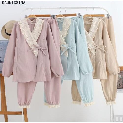 Summer Pajamas Women Kimono Tops Double Layer Maternity Nursing Lace Cotton Pajamas Soft Gauze Nursing Homewear Female Nightwear