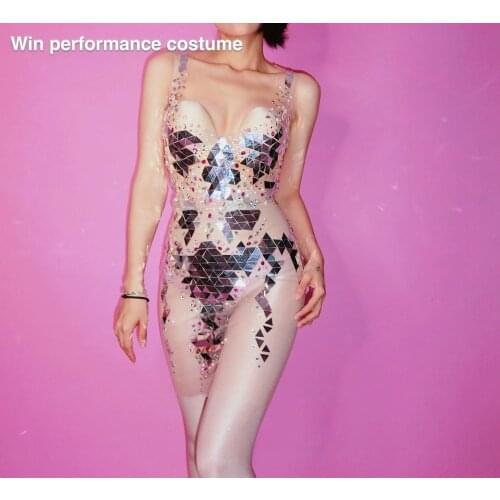 Flashing Mirrors nude Mesh rhinestone dress Womens Birthday Celebrate Dancer Costumes Nightclub Party One-piece Outfit Bar Sin