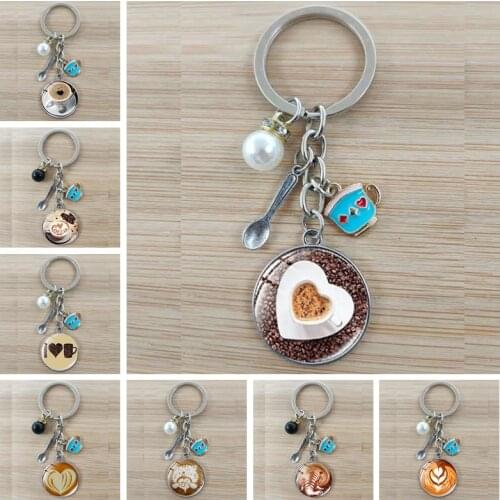 Fashion cappuccino coffee keychain hot chocolate art pattern glass dome pendant key chain gift for coffee lovers