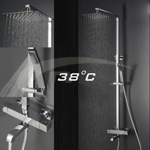 Wall Mounted Bath Tub Thermostatic Massage Jets Shower Faucet with Handshower,ultra-thin square top spray Rain Waterfall Shower