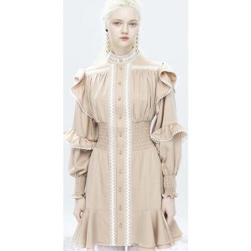 2021 new retro palace style ruffled temperament dress women fashion elastic waist slim long sleeves single breasted fairy dress