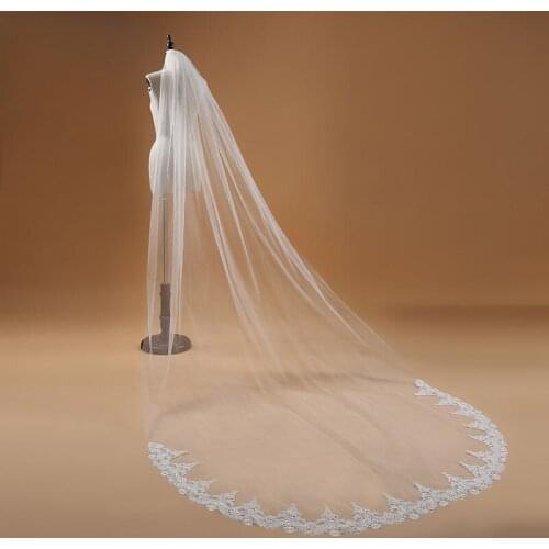 Real Image 3M 1Layer White Ivory New Wedding Veils Cathedral Length Lace Appliques Bottom Edge Custom Made With Comb Bridal Veil