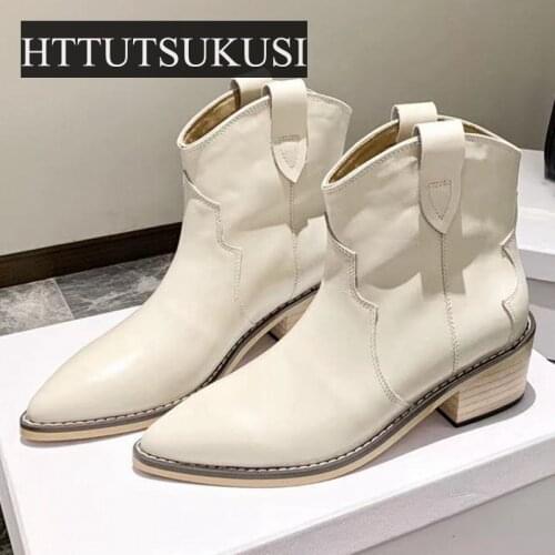 Brand Women Genuine Leather Western Cowboy Boots British Style Pointed Thick Heel Chelsea Boots Fashion Med Heel Ankle Shoes